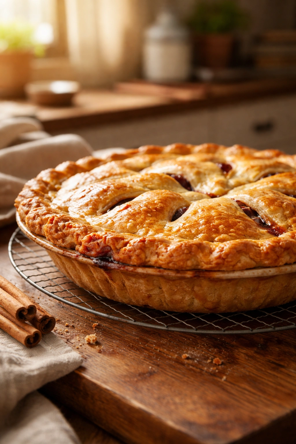 Close-up of a golden flaky pie crust cooling on a wooden counter
