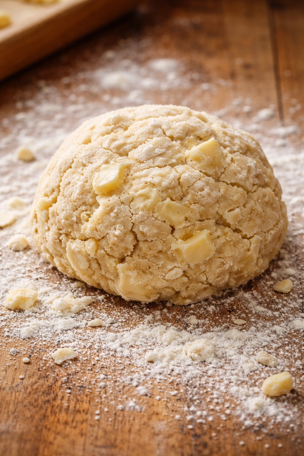 Rough pie dough with butter pieces on a floured surface