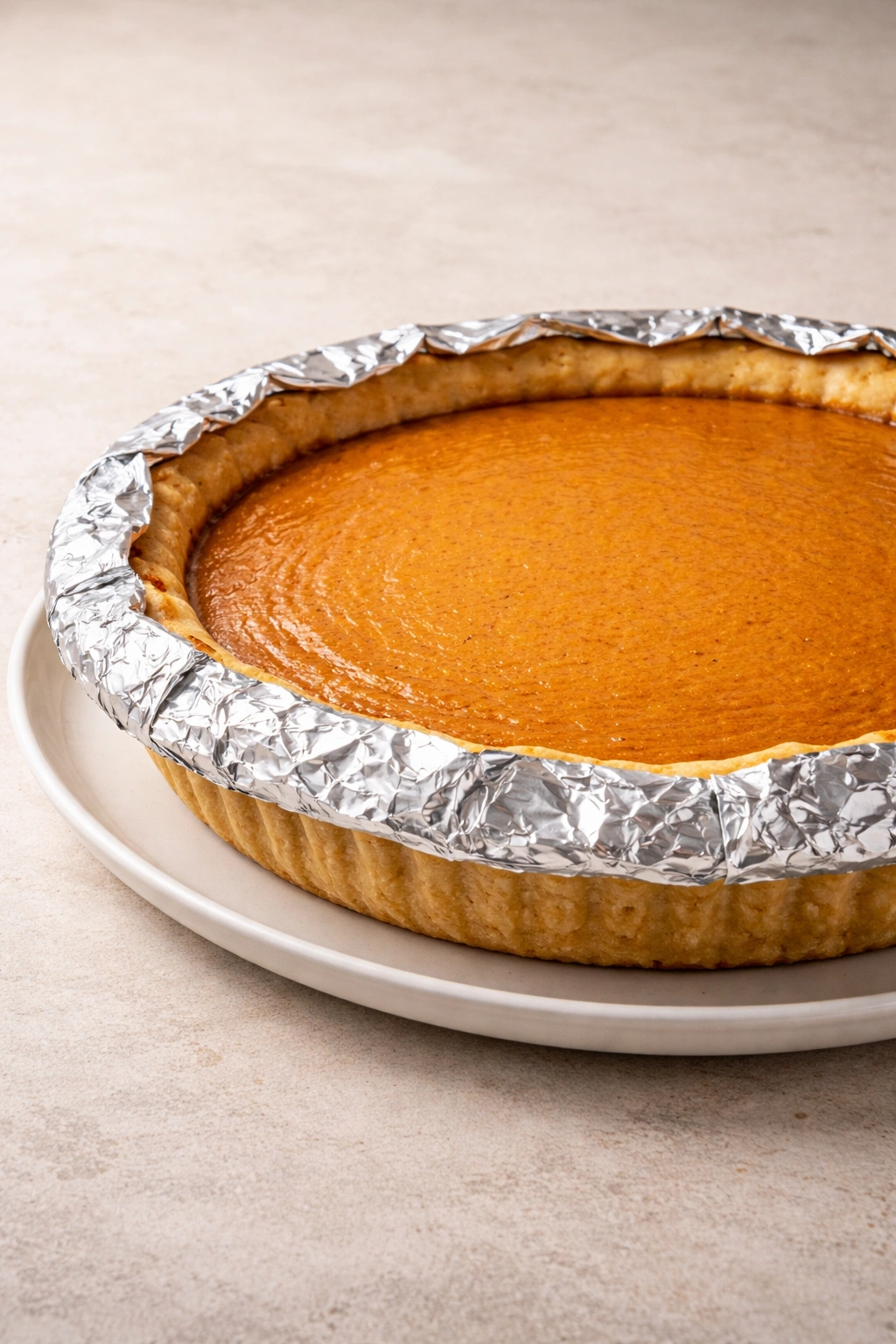Pumpkin pie with foil shield on crust edges to prevent burning