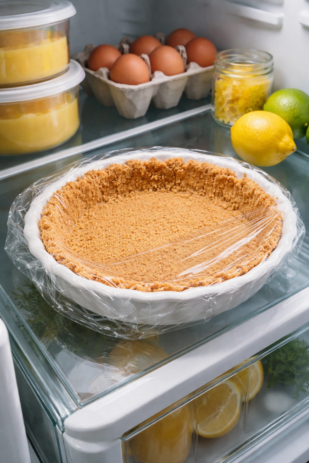 No-bake pie crust in a dish wrapped in plastic, stored in the fridge.
