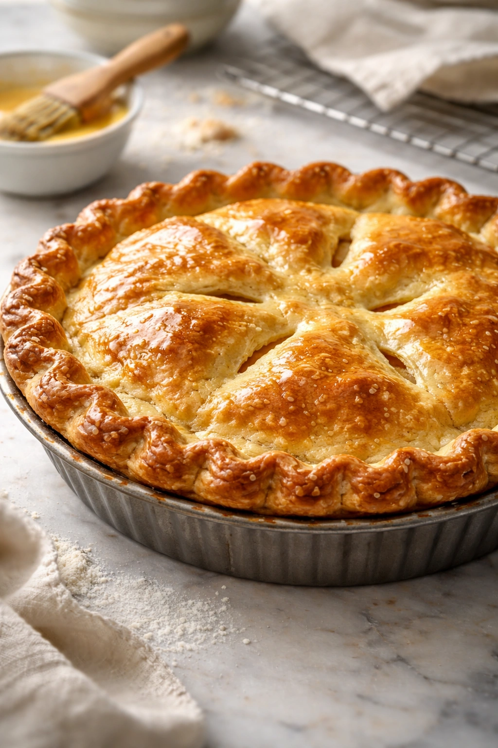 Close-up of a golden-brown pie crust with egg wash finish