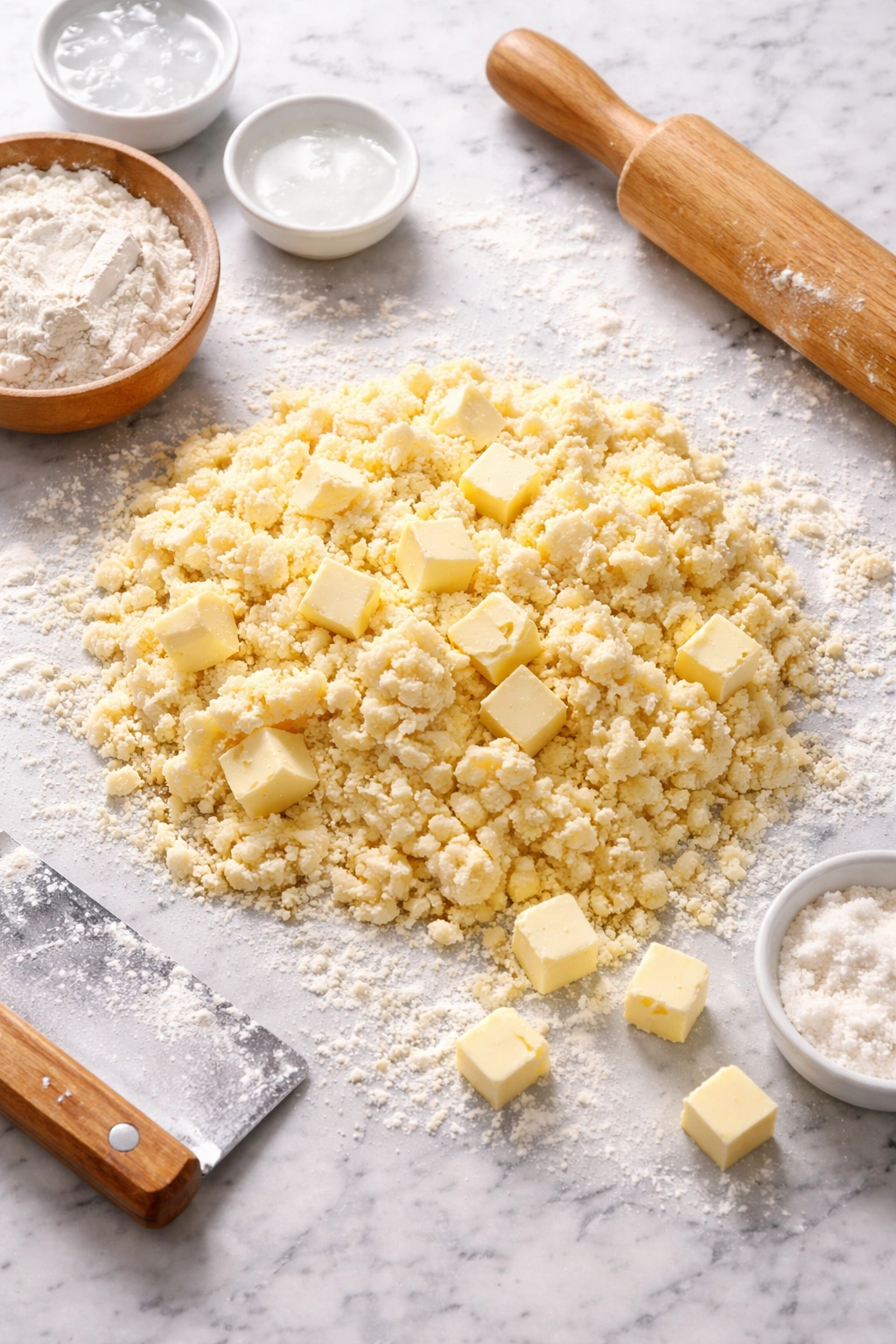 Dough with butter cubes on a flour-dusted board for all-butter pie dough