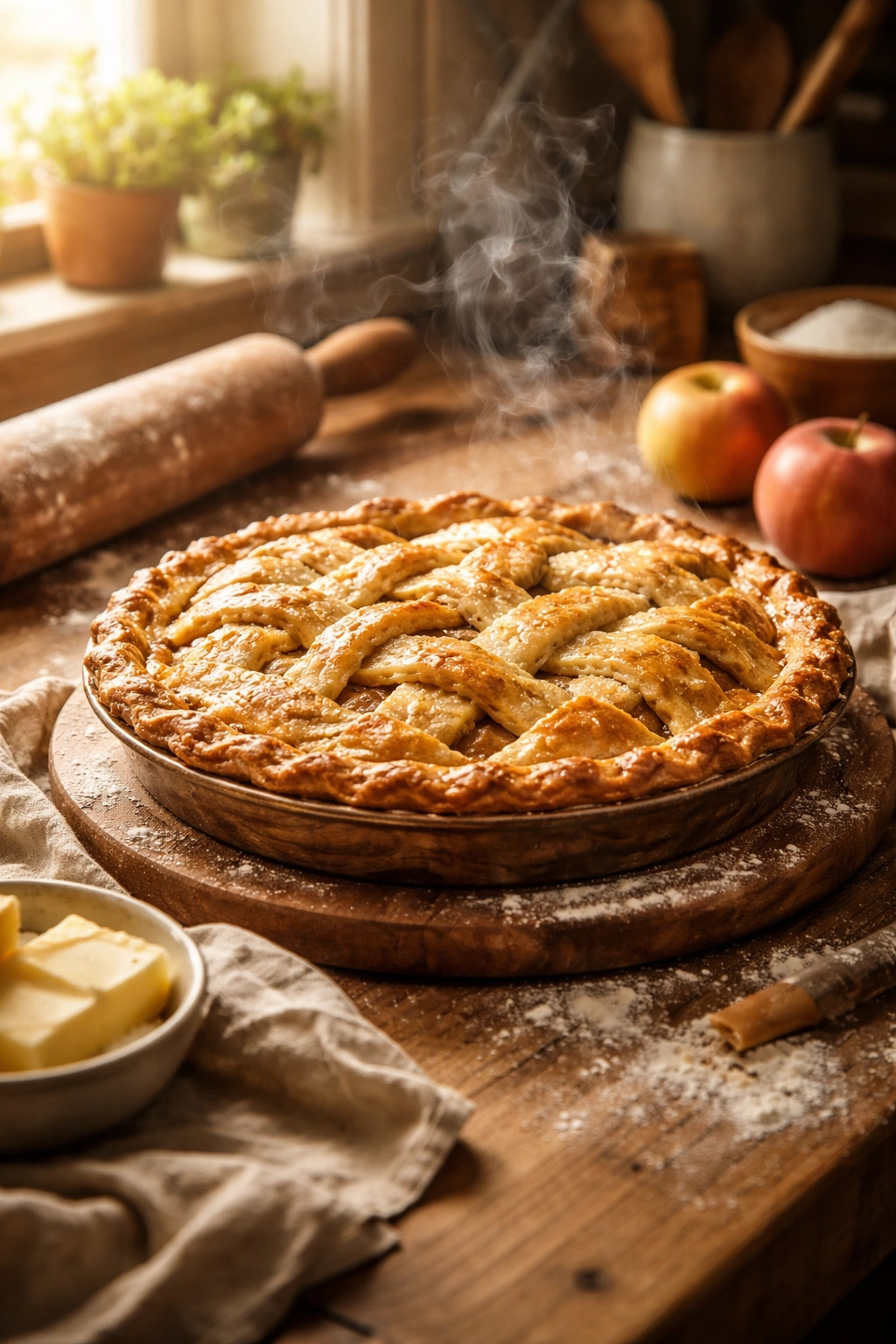 Pie on wooden counter under warm light illustrating perceived difficulty of homemade pie