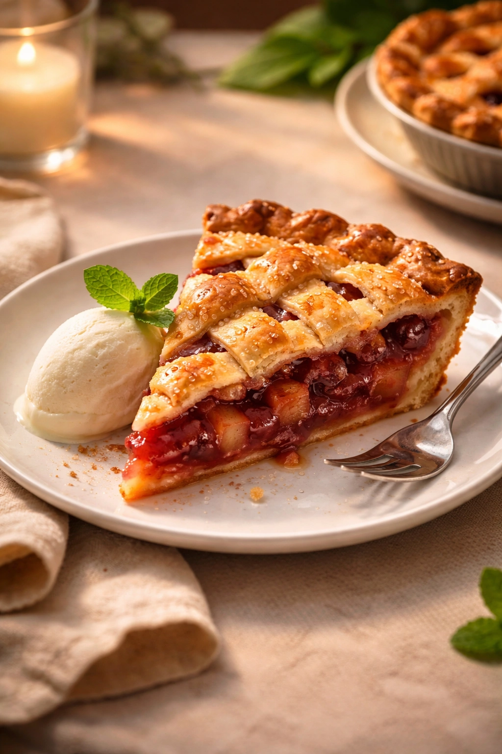 plated pie slice with ice cream and mint garnish