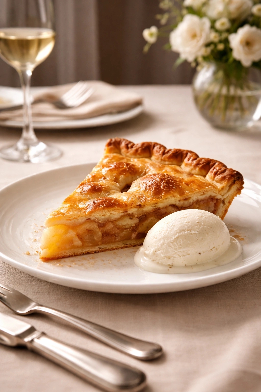 Elegant pie on a plate with ice cream quenelle suggesting formal presentation