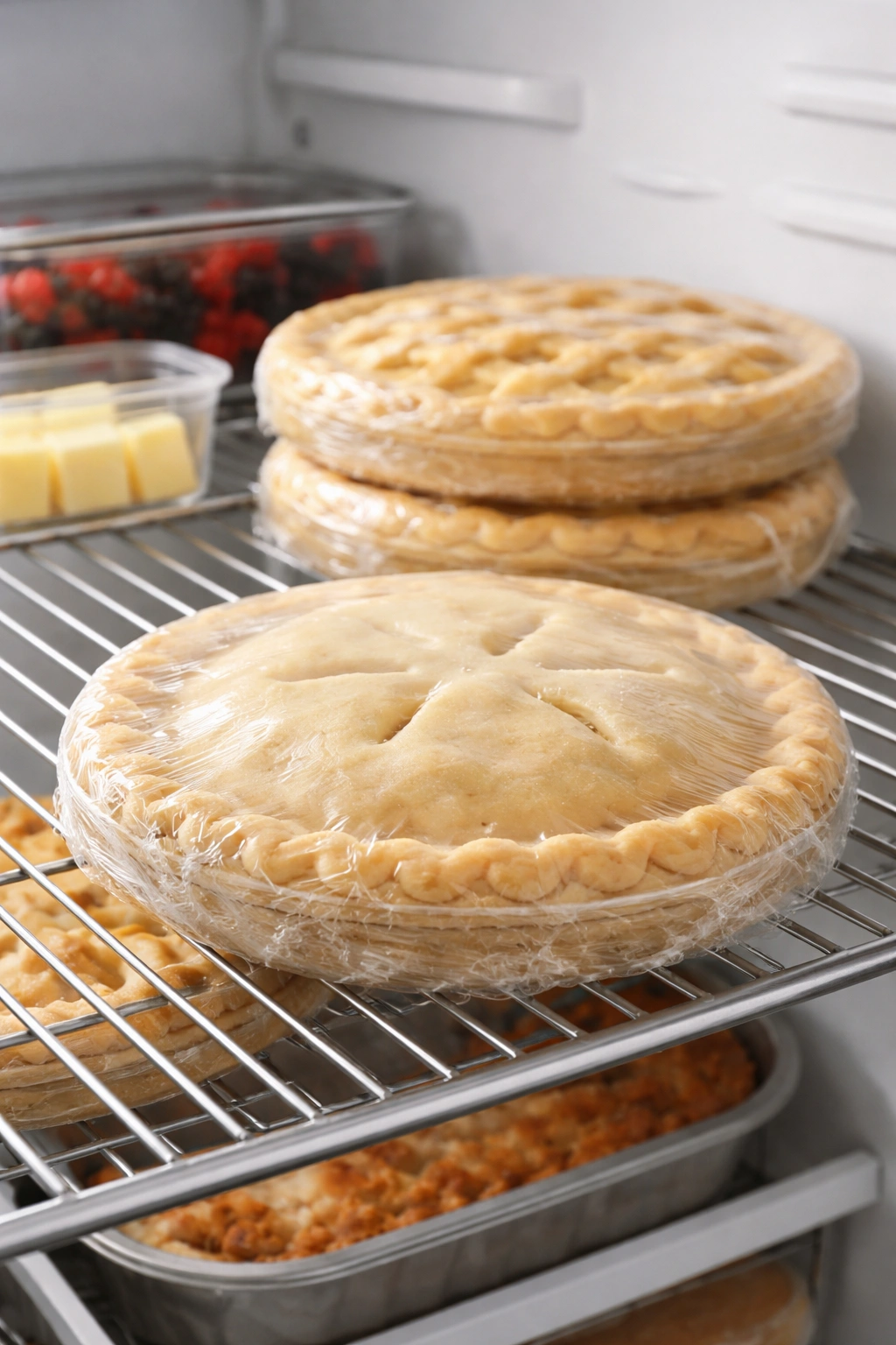 Pie wrapped in plastic in fridge ready for make-ahead storage