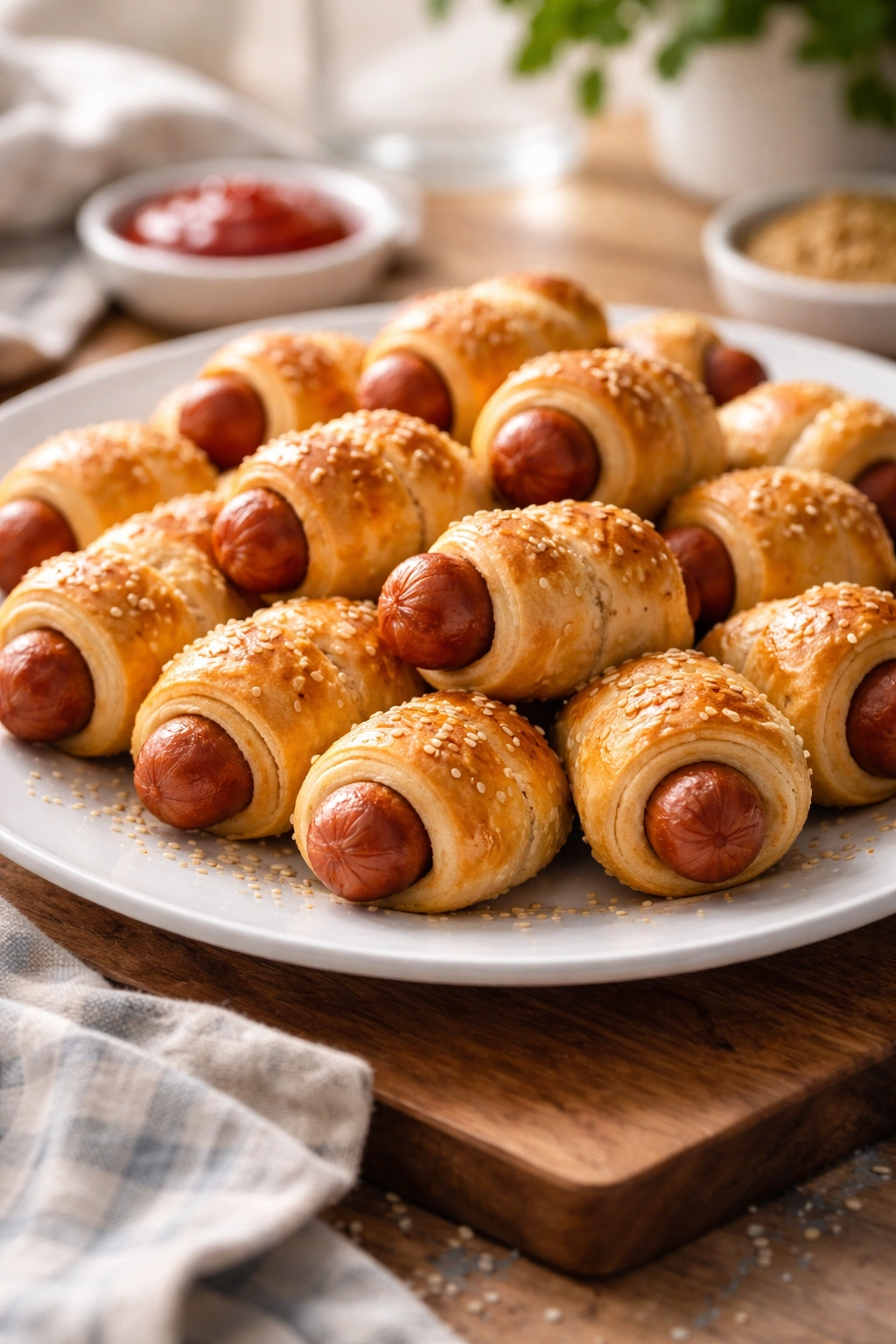 Pigs in a blanket on a white plate, golden and flaky