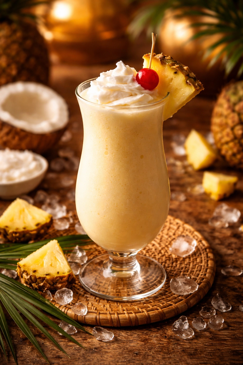 Creamy Piña Colada in a hurricane glass with a fresh pineapple wedge garnish under warm tropical lighting