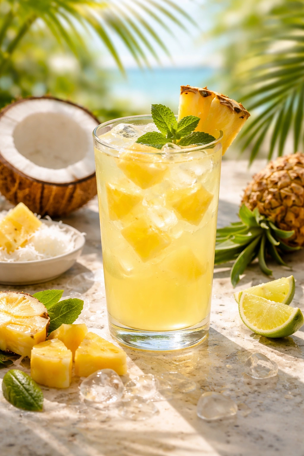 Glass of pineapple coconut agua fresca with pineapple chunks, pale yellow drink