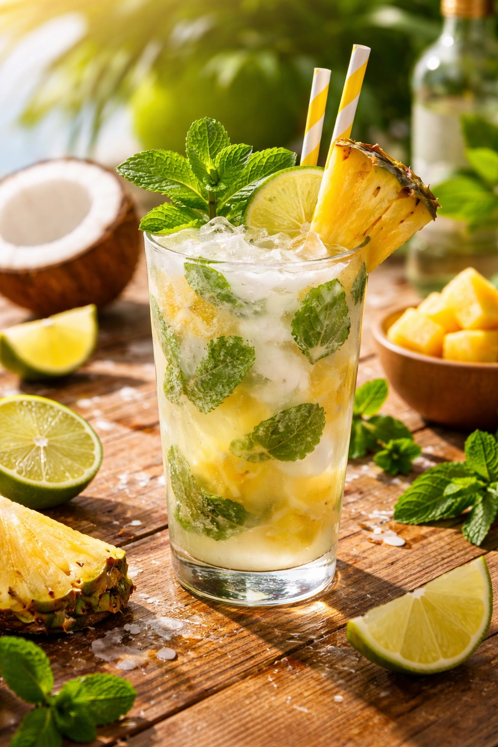 Mojito with pineapple and coconut twist, mint and lime in glass