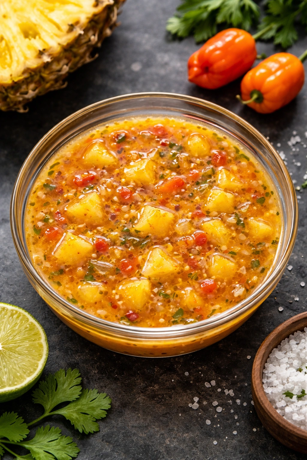 Close-up of bright pineapple-habanero marinade in a glass bowl with pineapple pieces and red specks