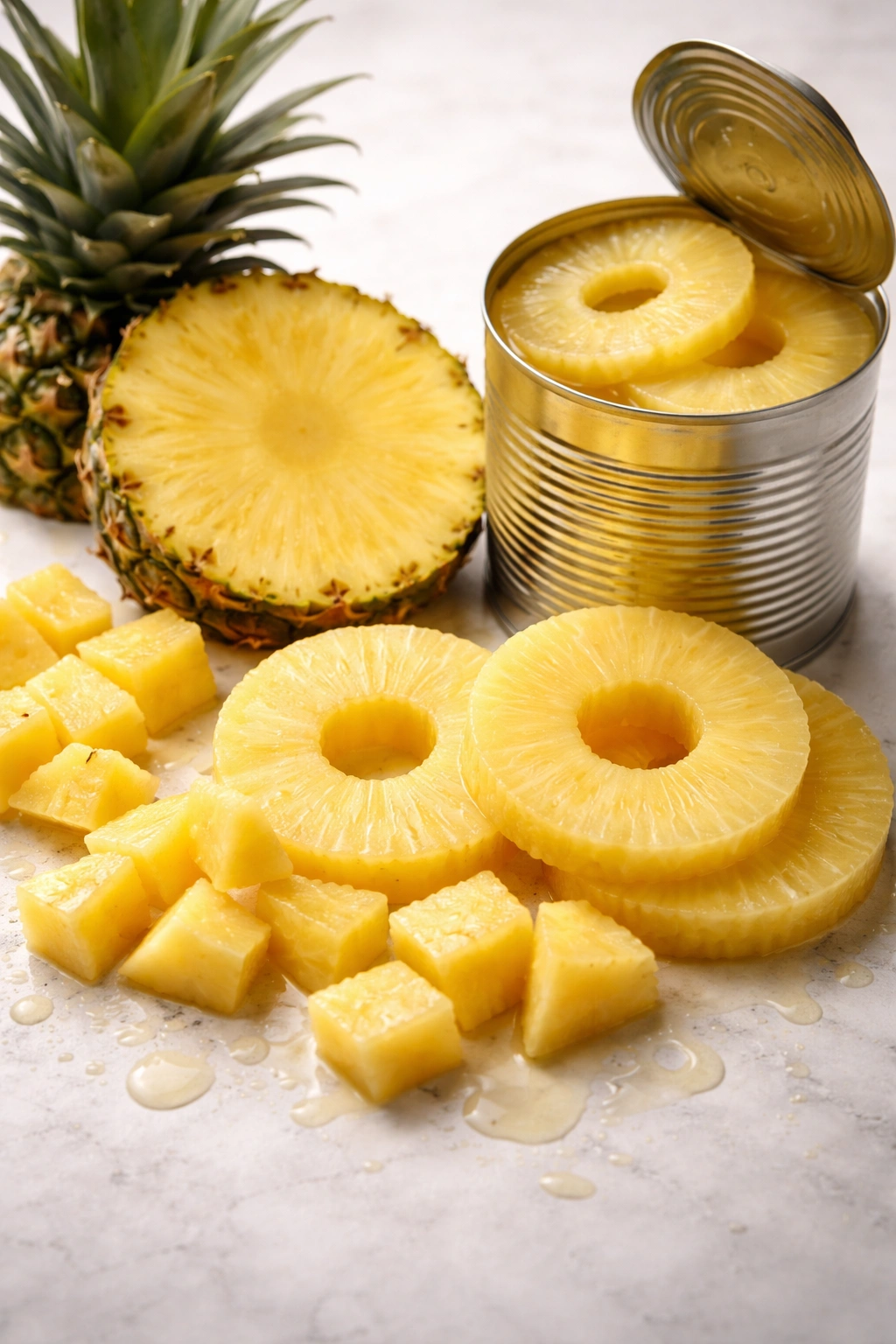 Pineapple rings and chunks on a clean surface with juice