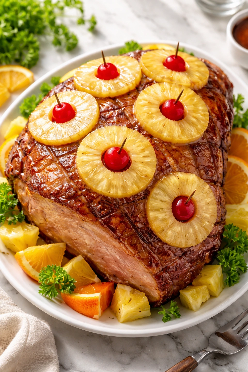 Glazed ham with pineapple rings and toothpicks arranged on a platter
