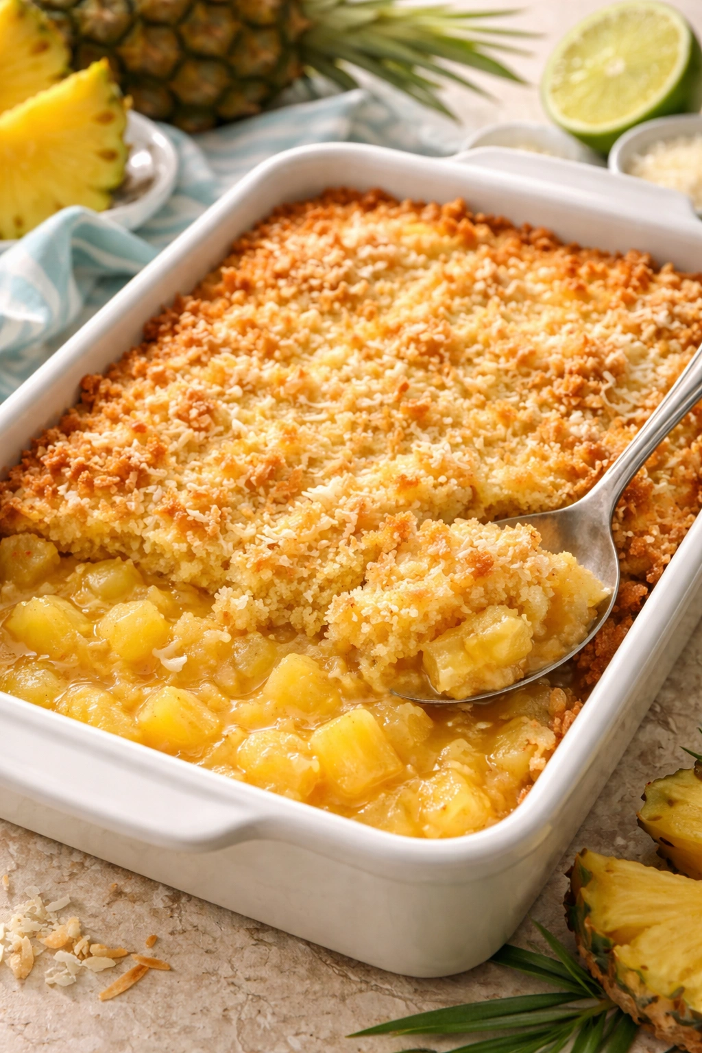 Close-up of Tropical Pineapple Dump Cake with pineapple chunks in juice in a bake dish