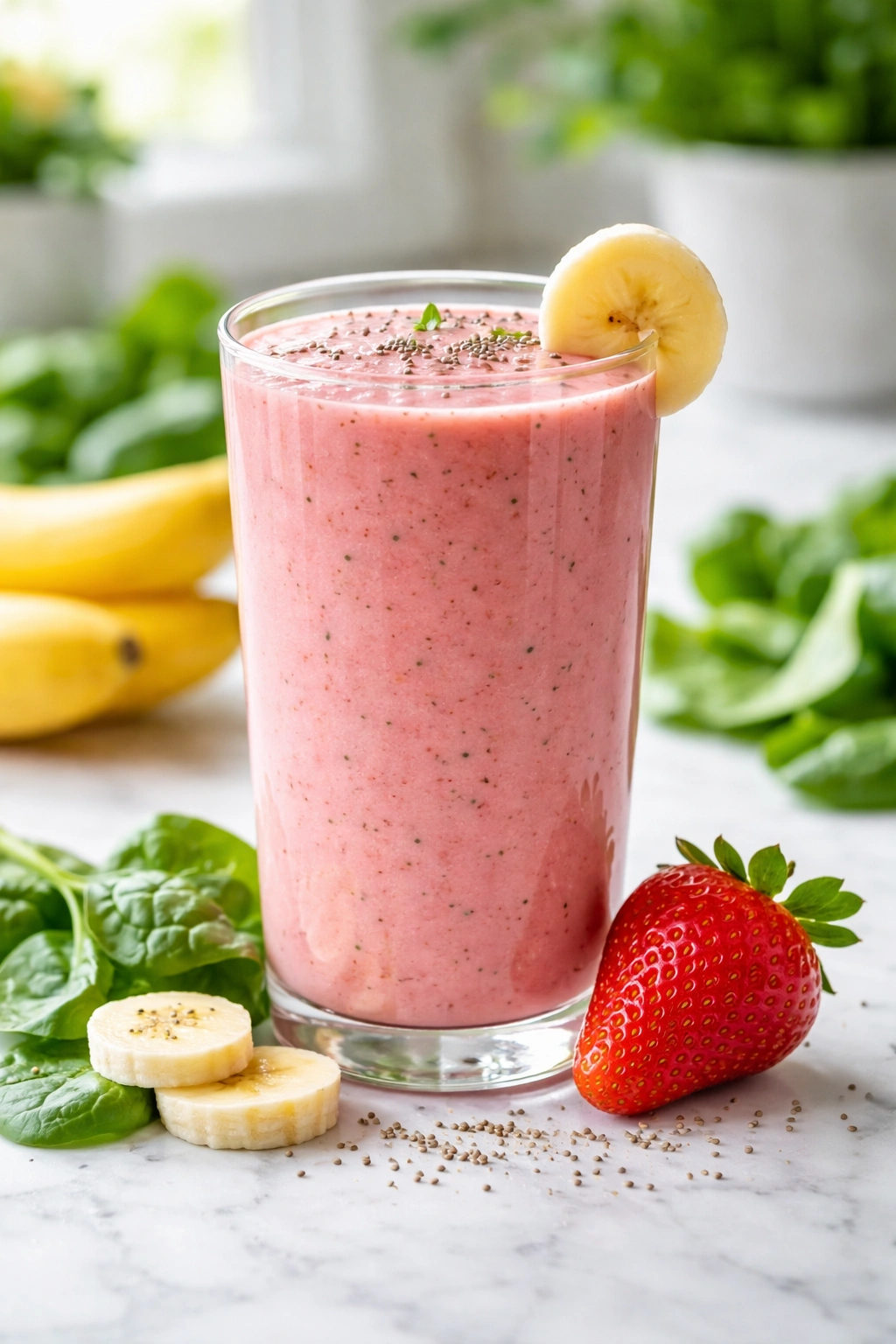 Pink strawberry-banana smoothie in glass with banana slice and strawberry