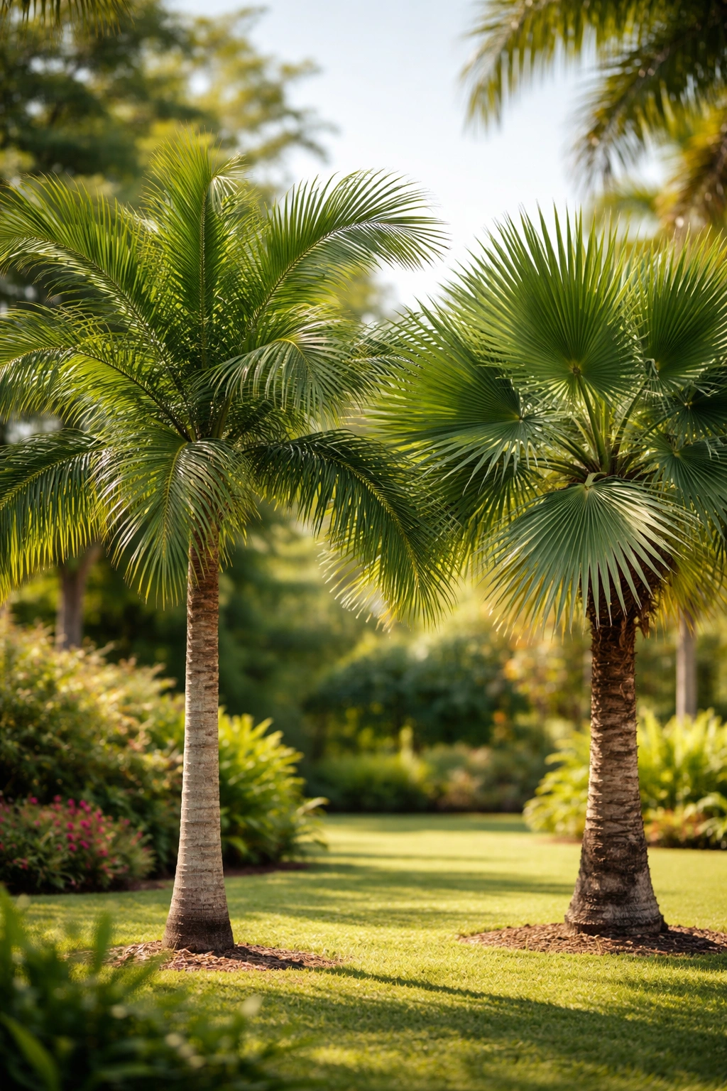 Two palms with pinnate and palmate fronds in a garden.
