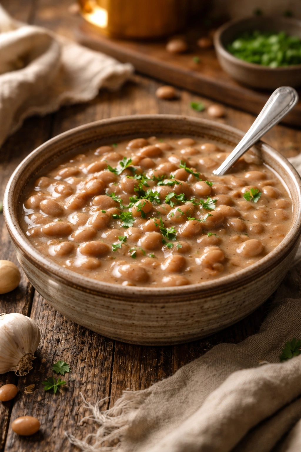 Close-up of creamy pinto beans in a rustic ceramic bowl on wood with warm light