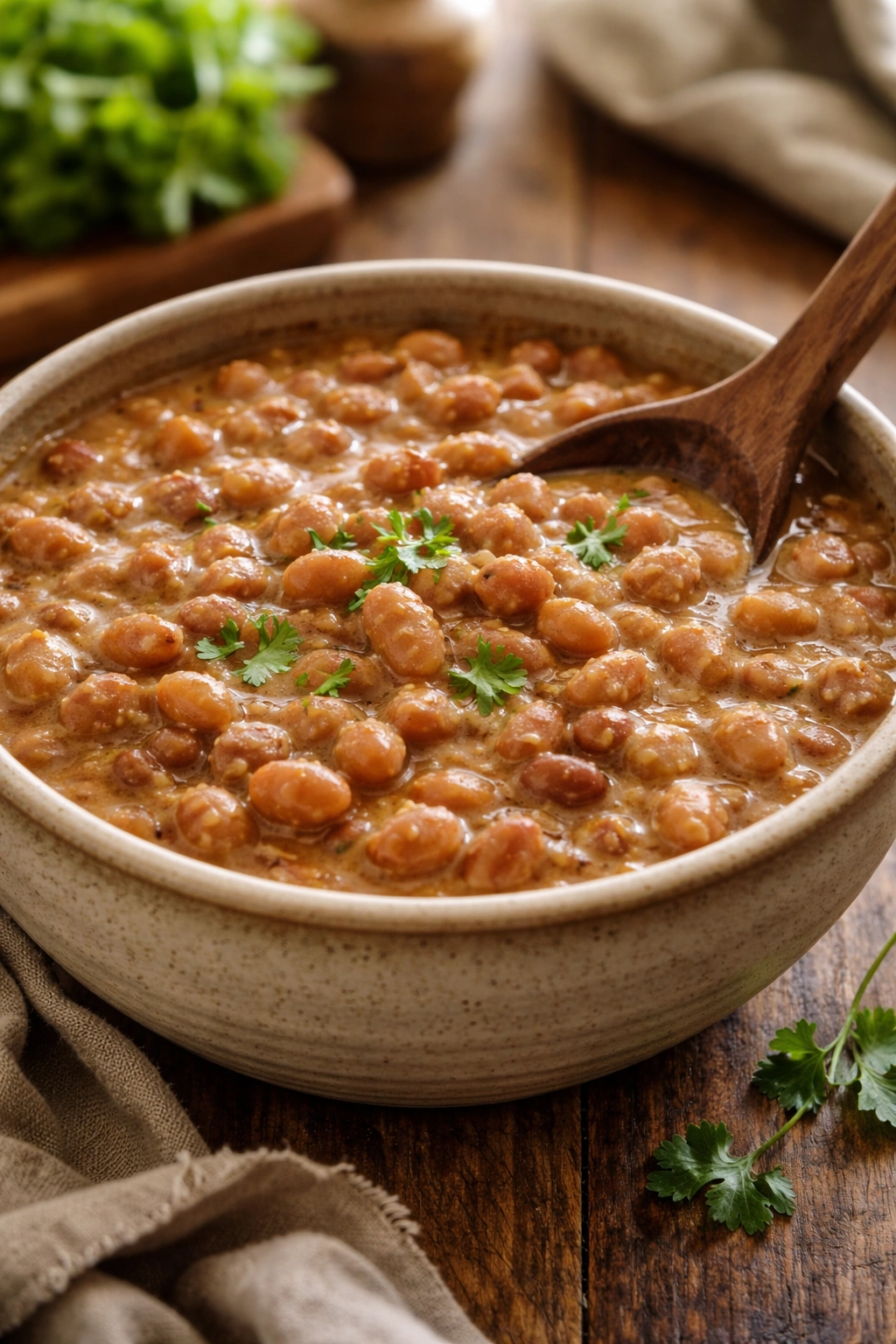 Creamy slow-cooked pinto beans in a velvety sauce in a rustic bowl