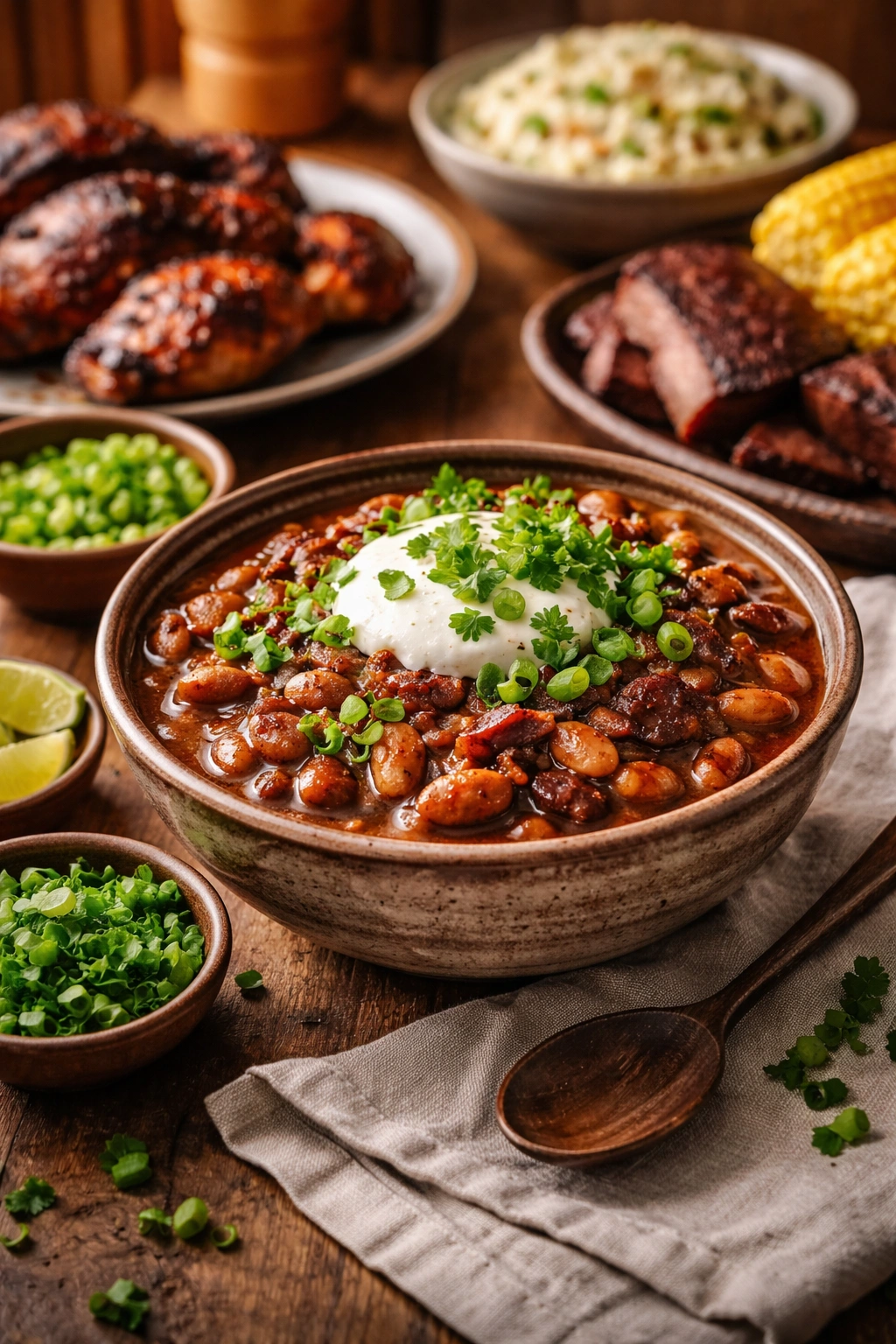 Close-up of cowboy pinto beans with crema cilantro and green onions as serving toppings