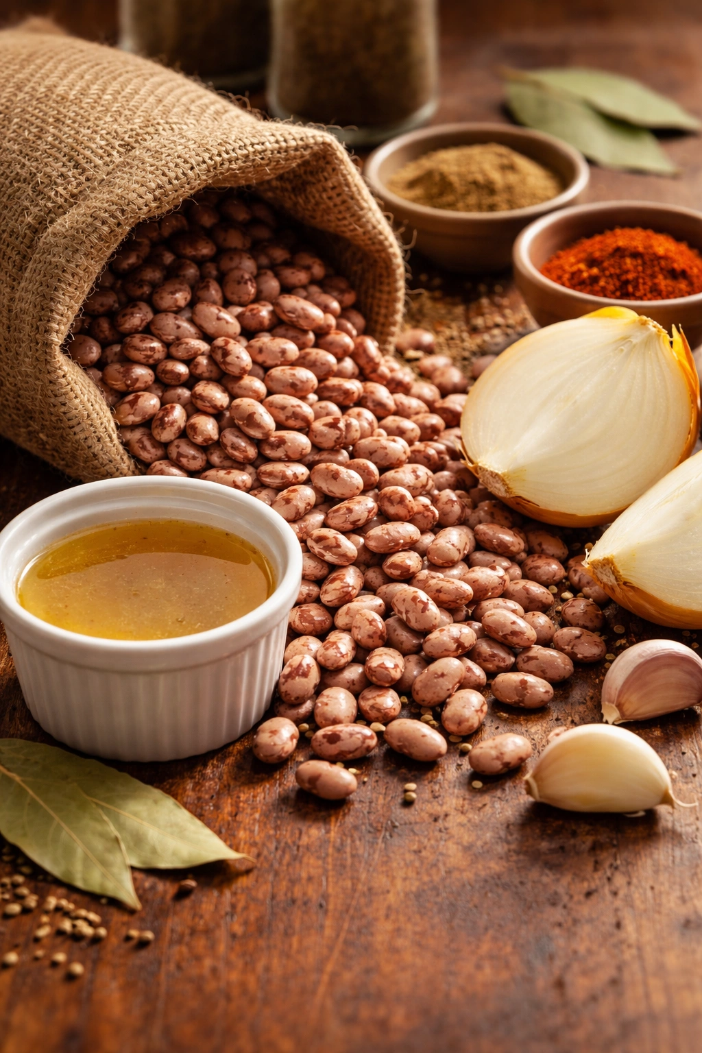 Dried pinto beans with broth and aromatics arranged on wooden surface