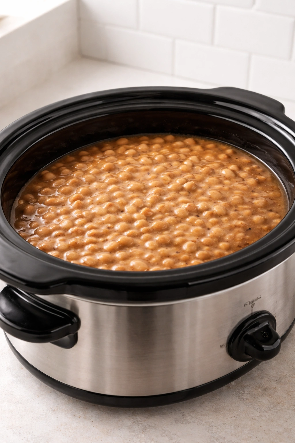 Beans evenly distributed in a slow cooker with proper liquid level