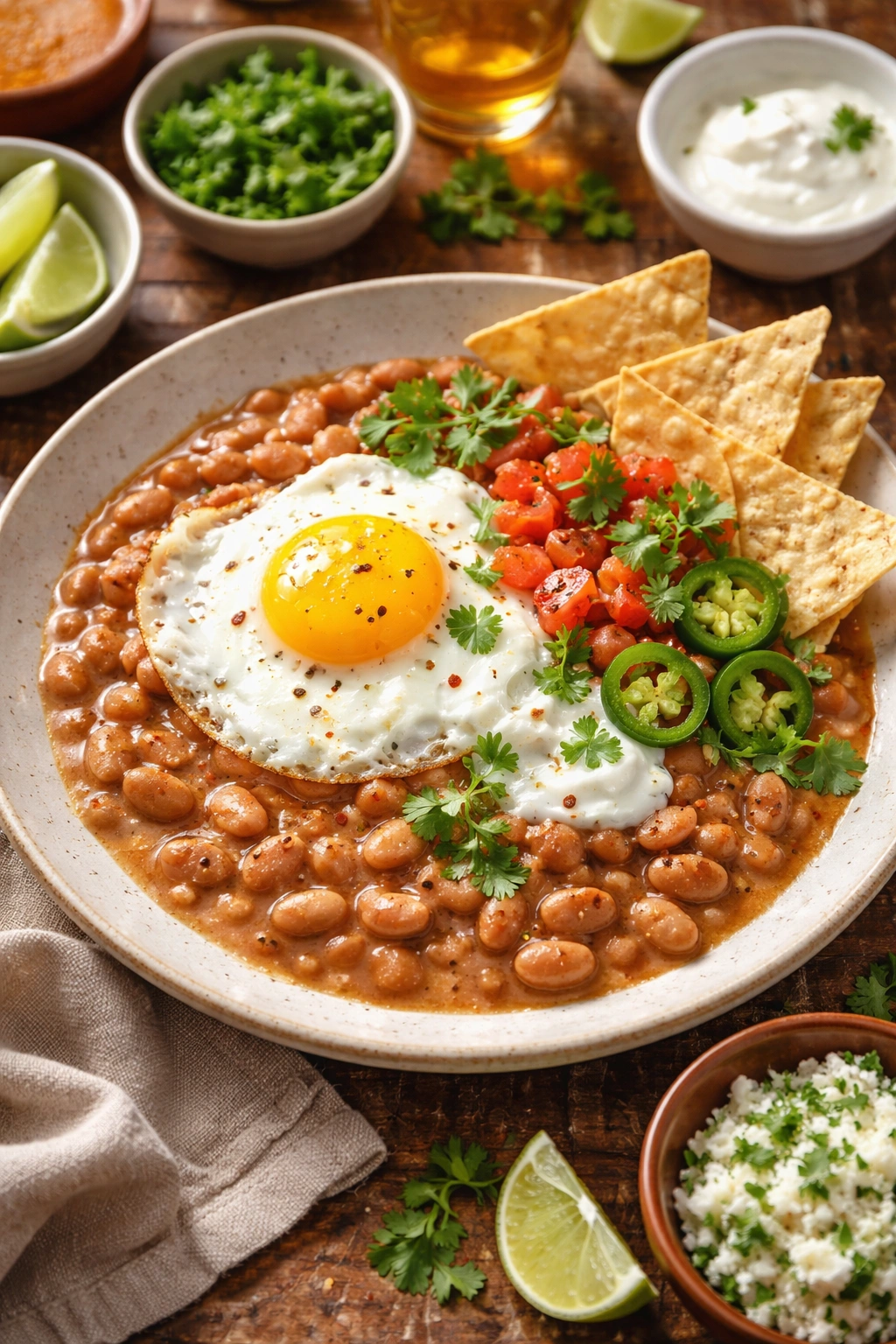 Creamy pinto beans plated with egg, chips, tomato, jalapeño, crema, and cilantro