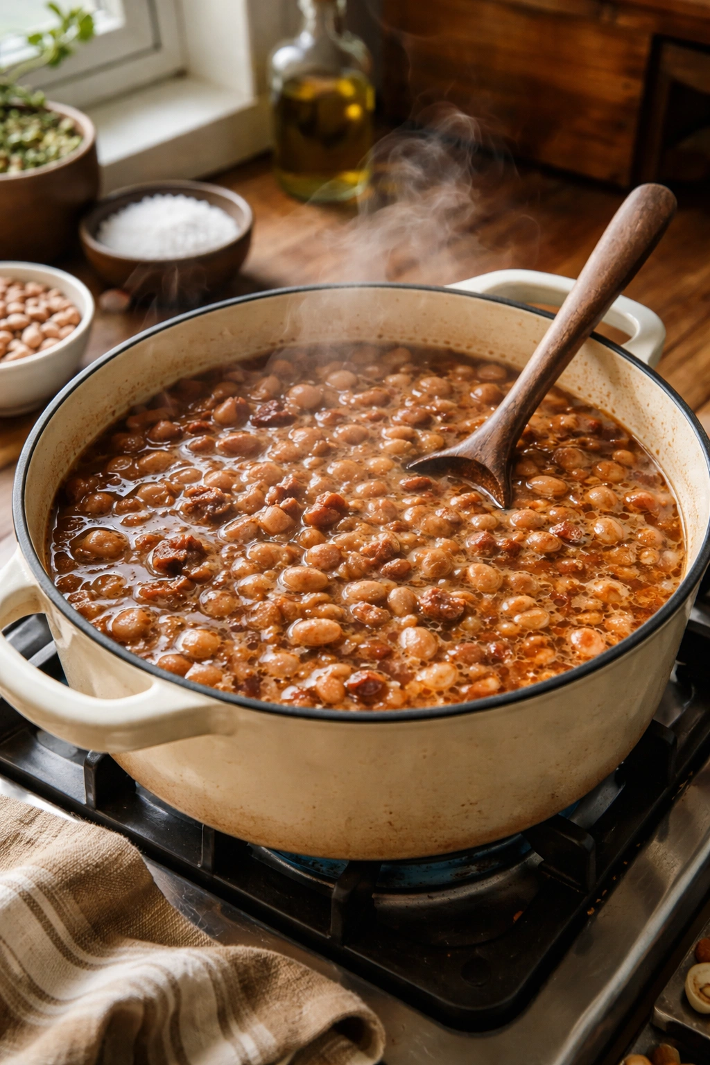 Beans simmering in a pot with steam.