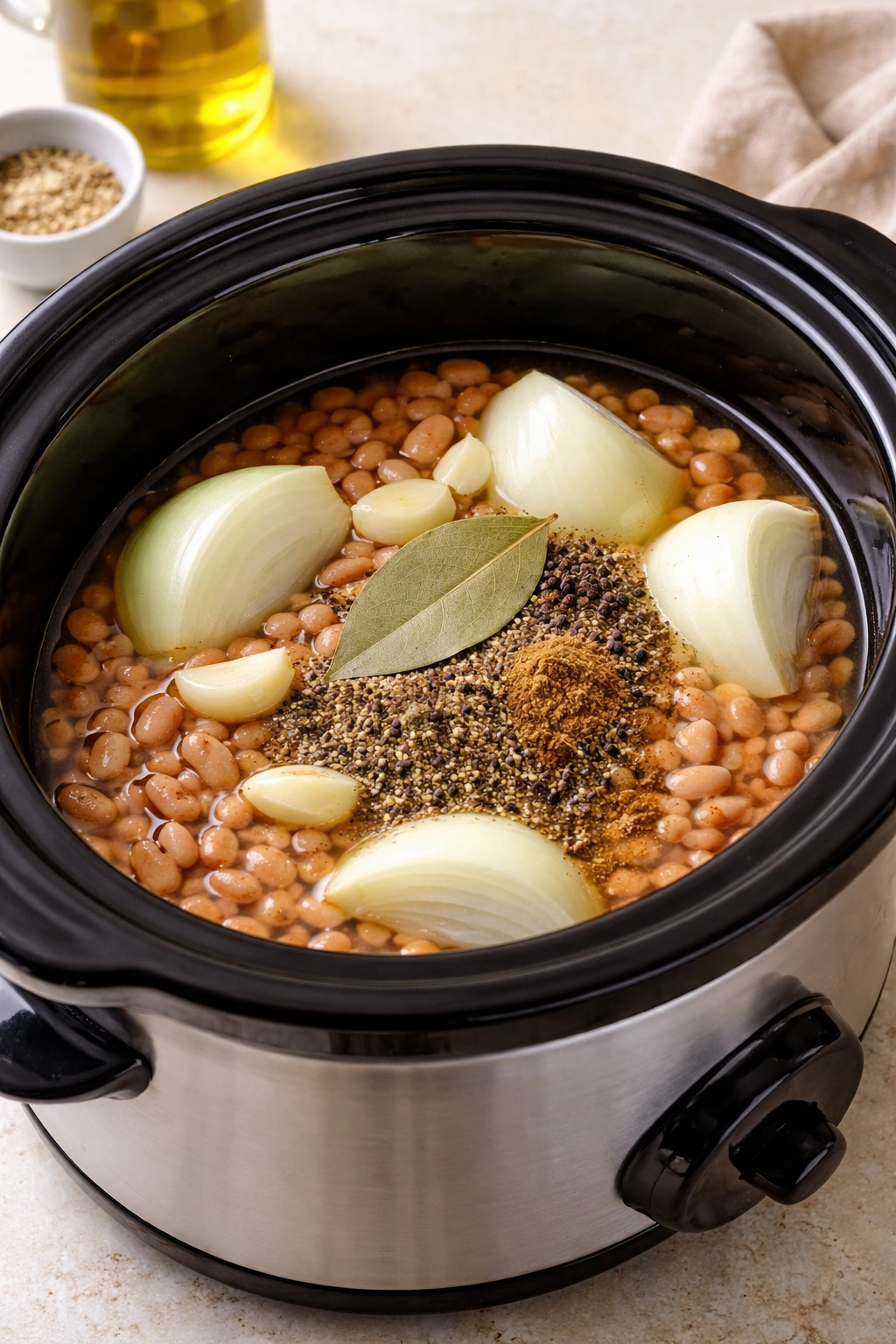 Rinsed pinto beans with aromatics arranged for slow cooking in a slow cooker