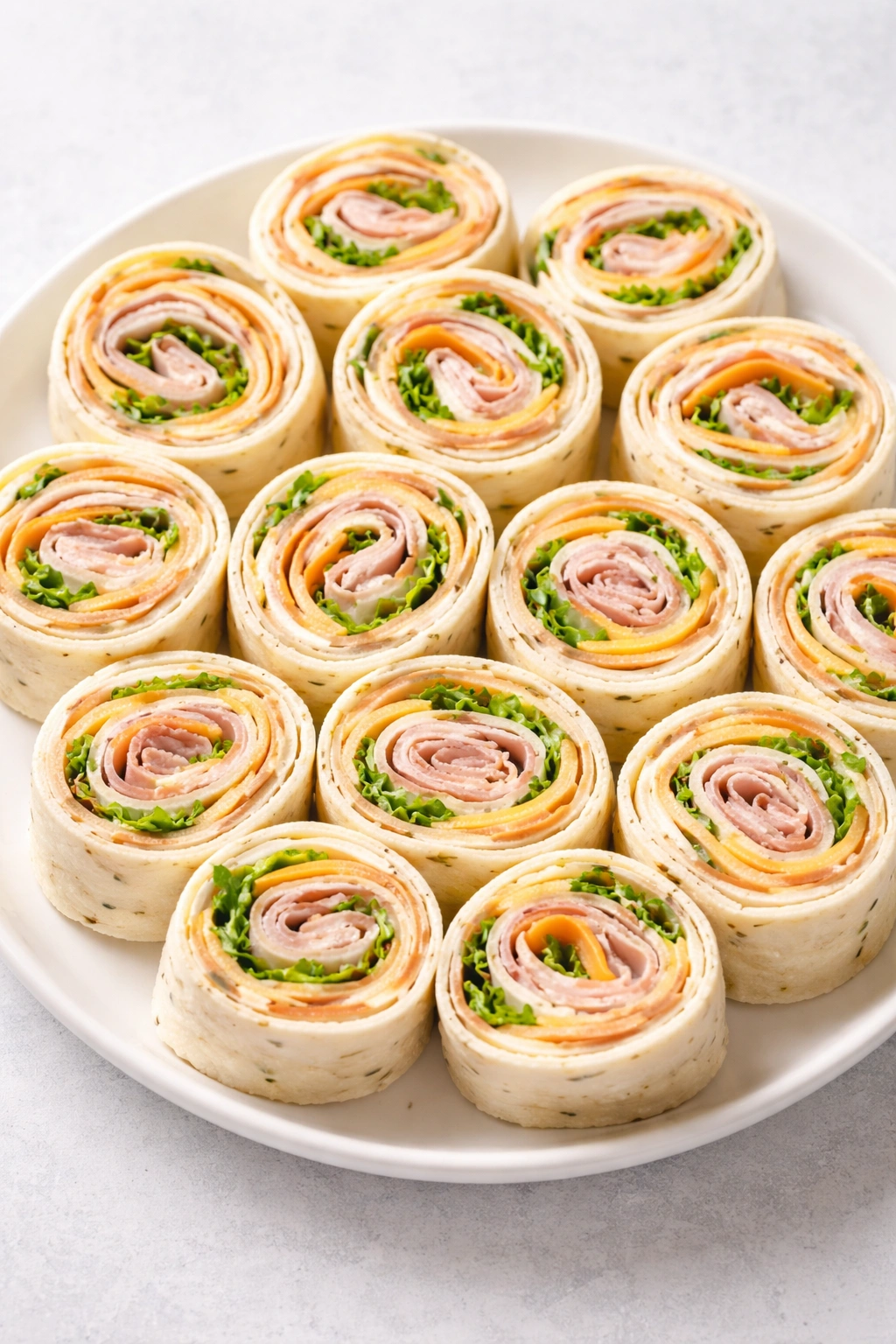 Top-down view of turkey or ham pinwheels arranged on a plate