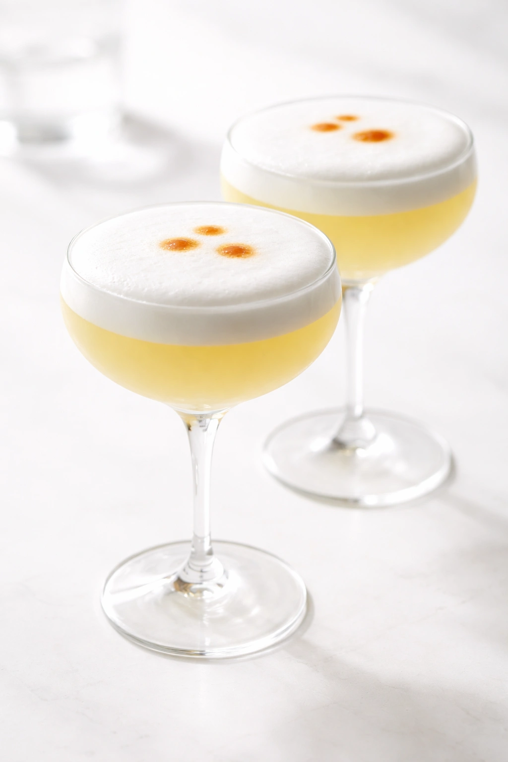 Pisco Sour in a coupe glass with foamy top
