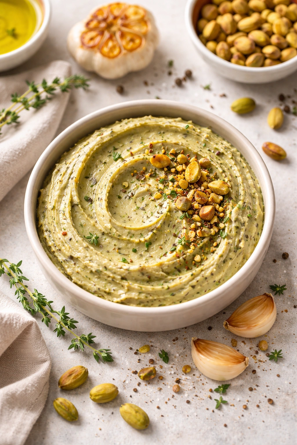 Pistachio butter in a ceramic bowl, pale green color