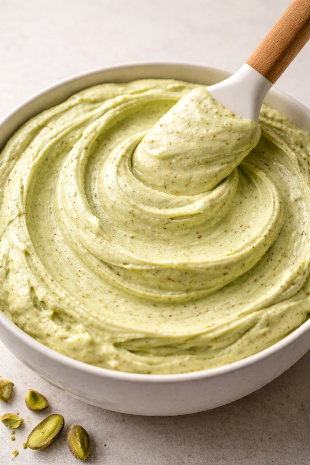 Bowl of pistachio buttercream frosting with spatula smoothing the surface.