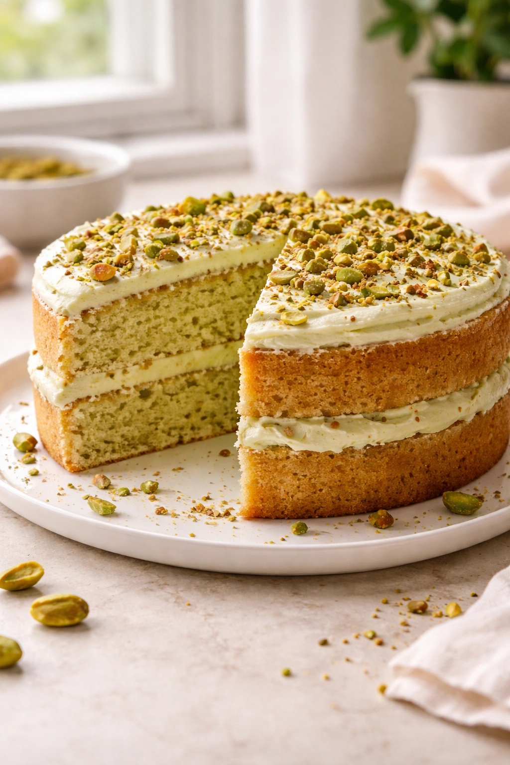 Pistachio sponge cake on a plate showing airy green crumb