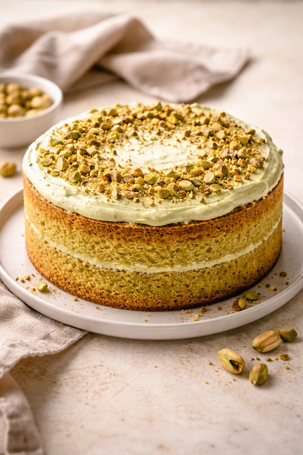Finished pistachio sponge cake on plate with neutral background