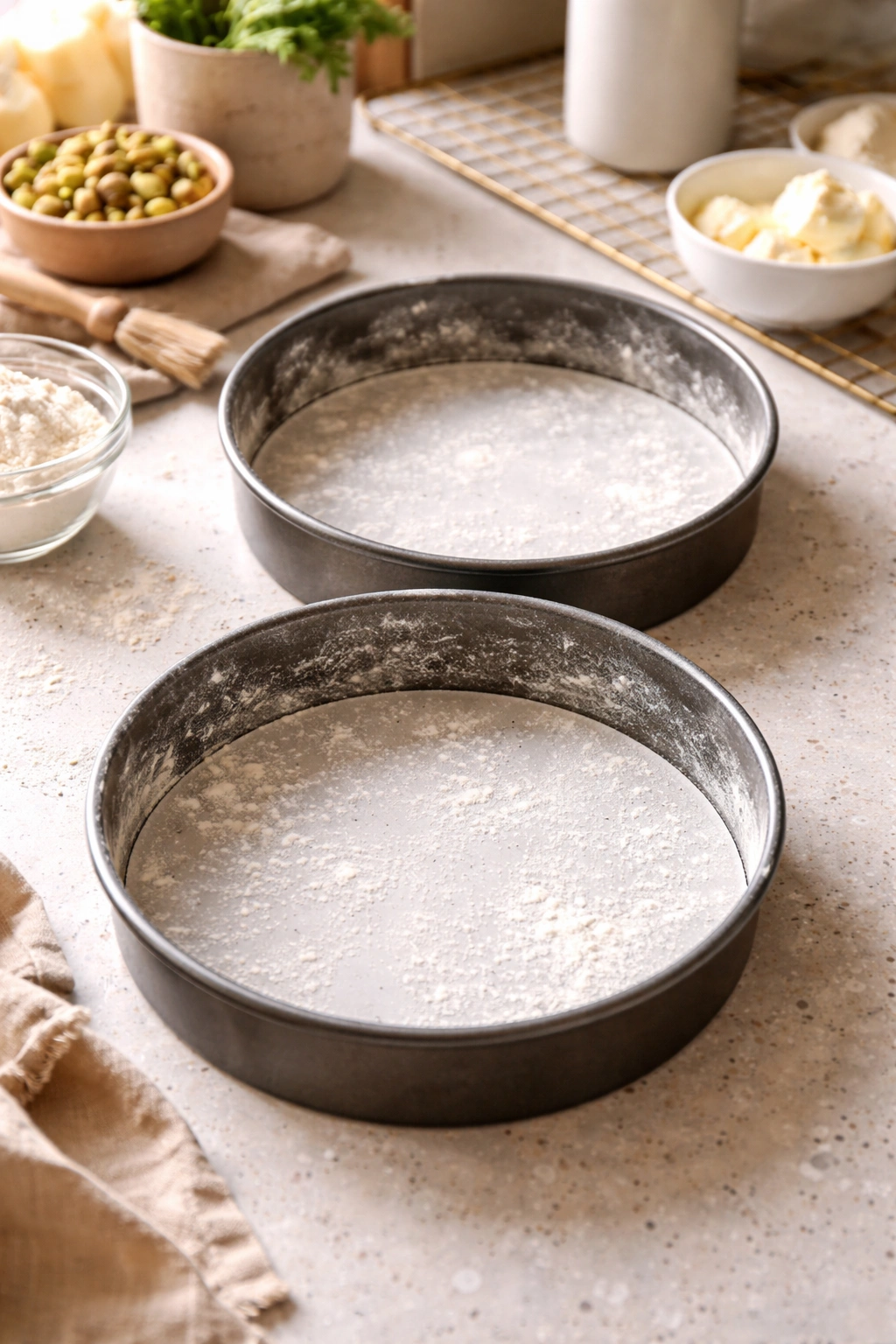 Two greased 9-inch cake pans lined with parchment circles on a clean kitchen counter.