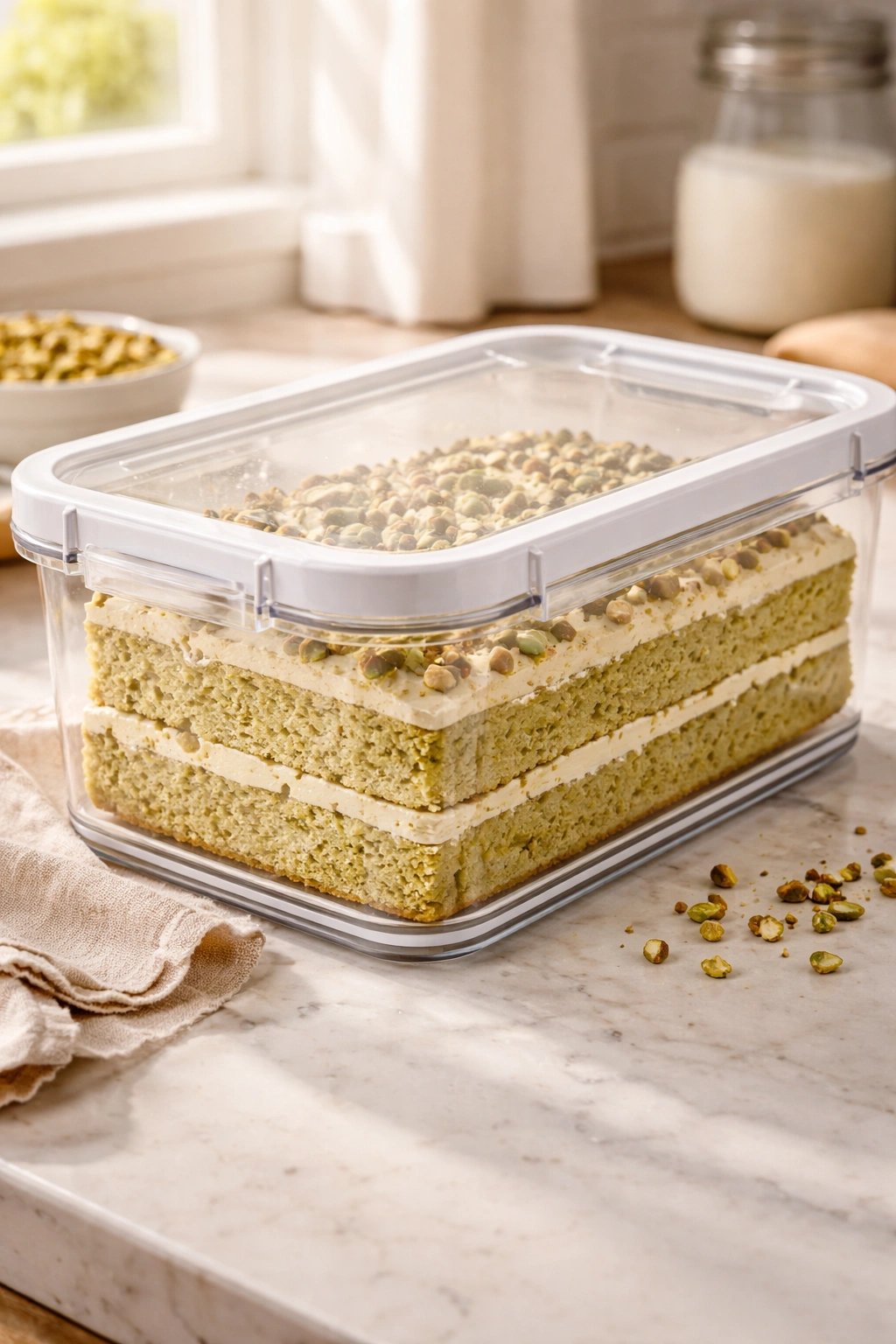Pistachio sponge cake stored in an airtight container on a bright kitchen counter