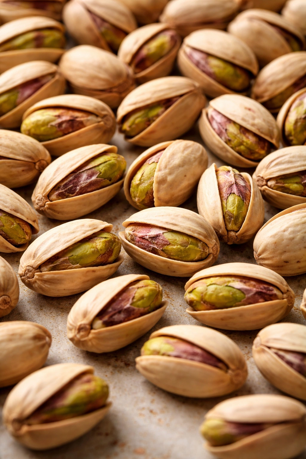 Raw pistachios with skins on arranged on a neutral surface