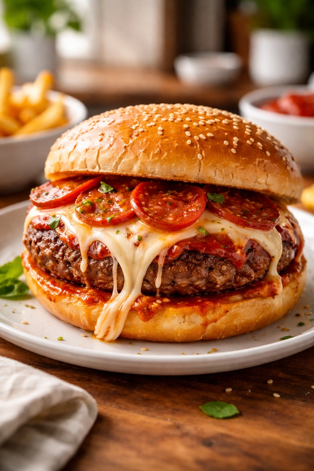 Pizza burger on plate with gooey cheese appealing to kids and adults