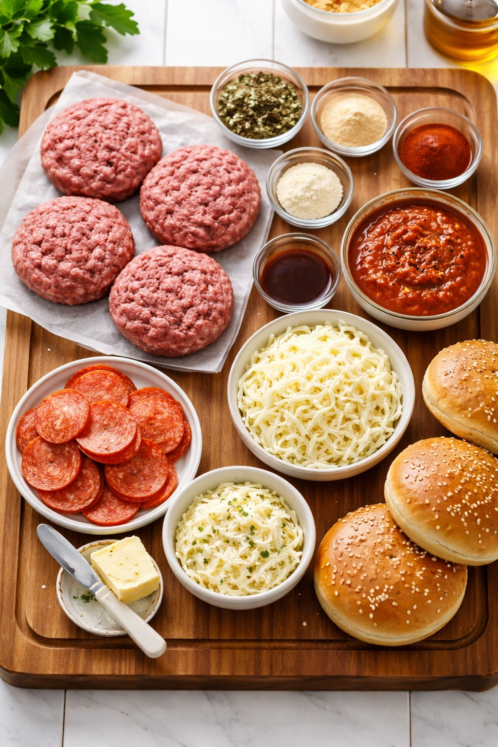 Flat lay of essential pizza burger ingredients on cutting board