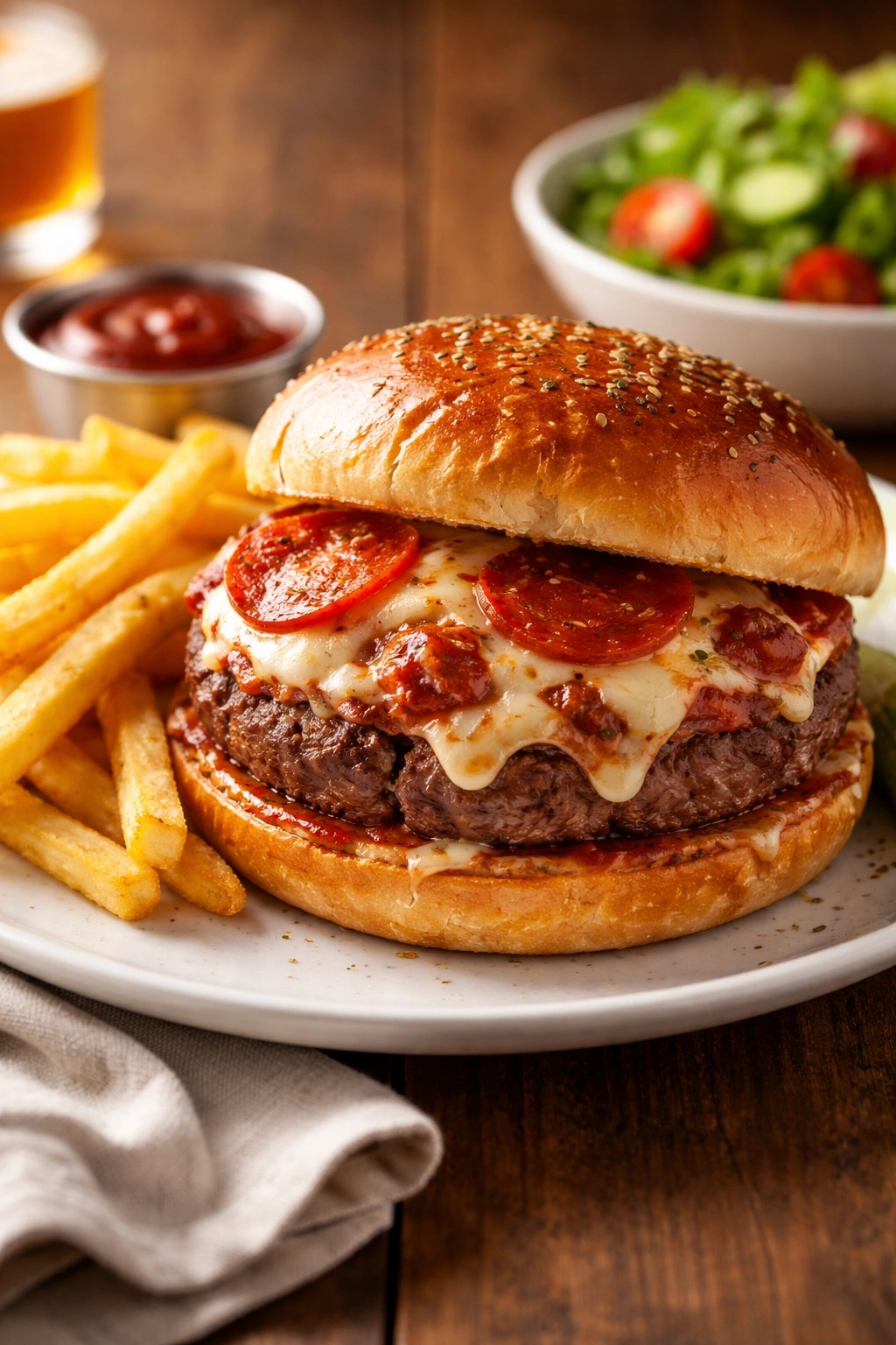 Pizza burger plated with fries for serving suggestions