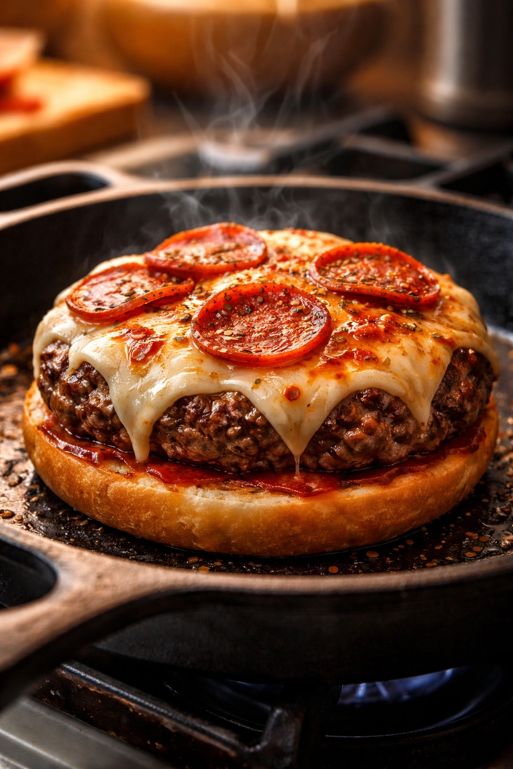 Pizza burger with cheese and pepperoni on a cast-iron skillet