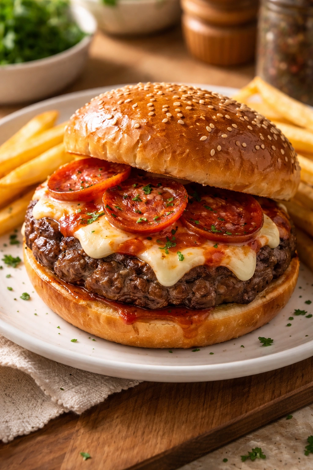 Juicy pizza burger on plate ready to eat in a clean kitchen