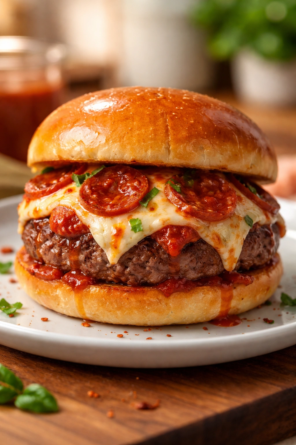 Pizza burger on plate with melted cheese and glossy sauce