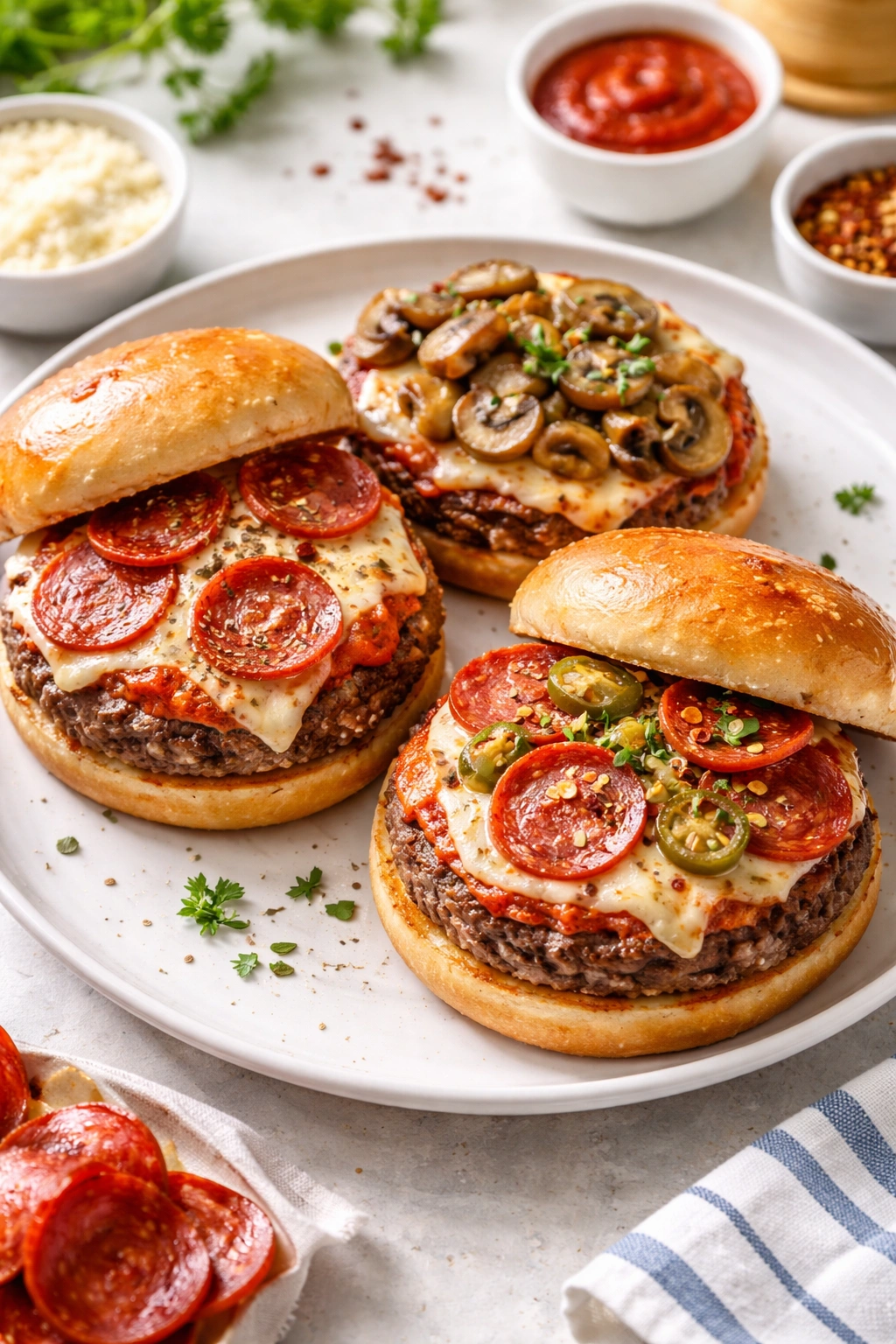 Three pizza burgers with varied toppings on plate