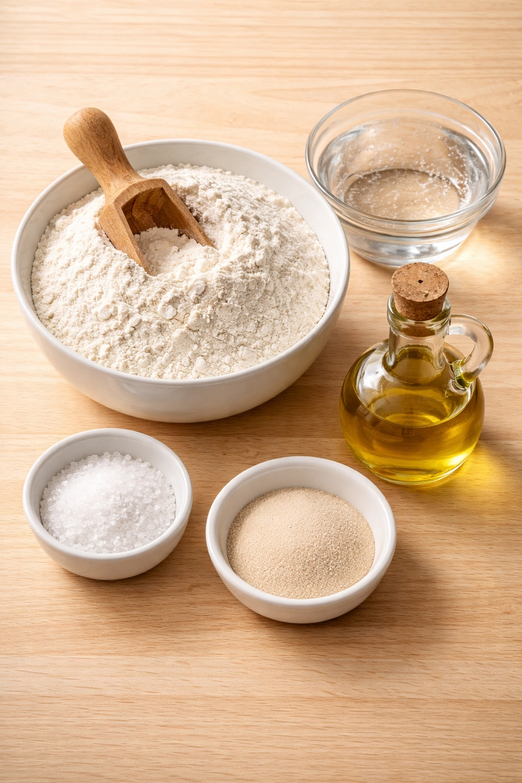 Top-down arrangement of essential pizza dough ingredients