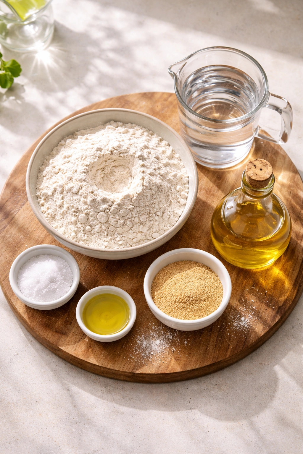 Arrangement of dough ingredients including flour, water, salt, yeast, and olive oil