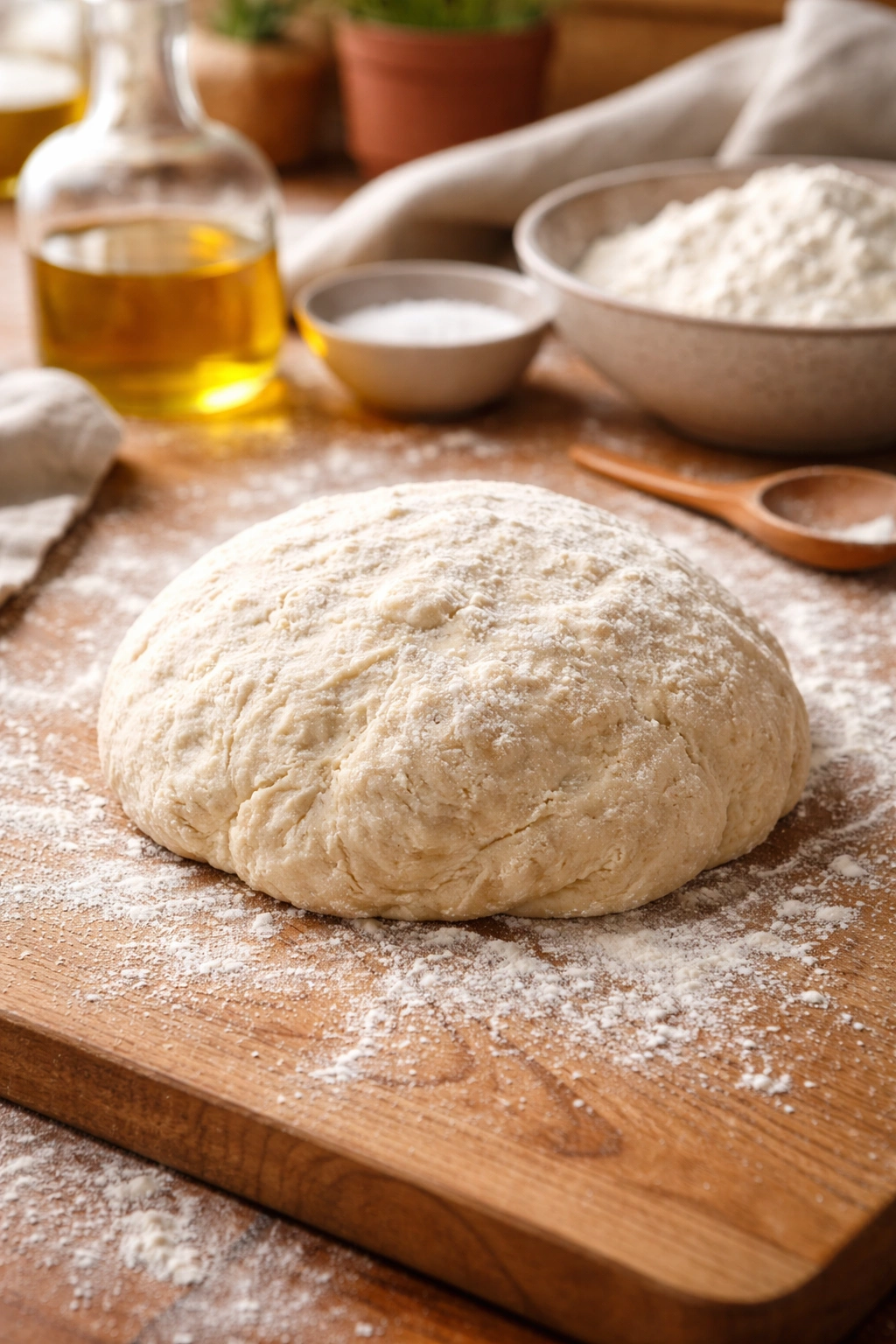 Close up of shaggy pizza dough ball dusted with flour on a clean wooden surface