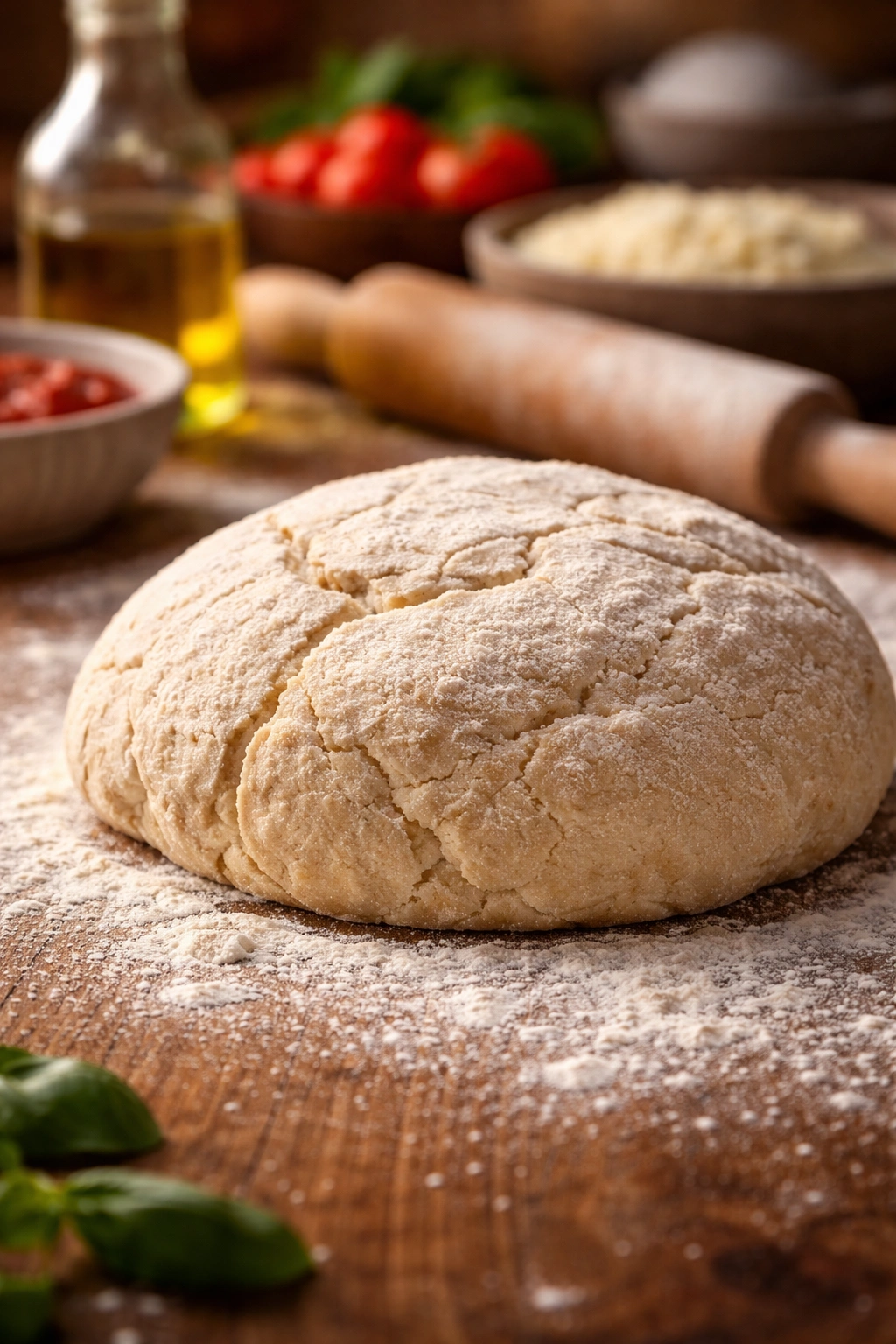 Dense dough with cracks on a floured surface, illustrating common mistakes