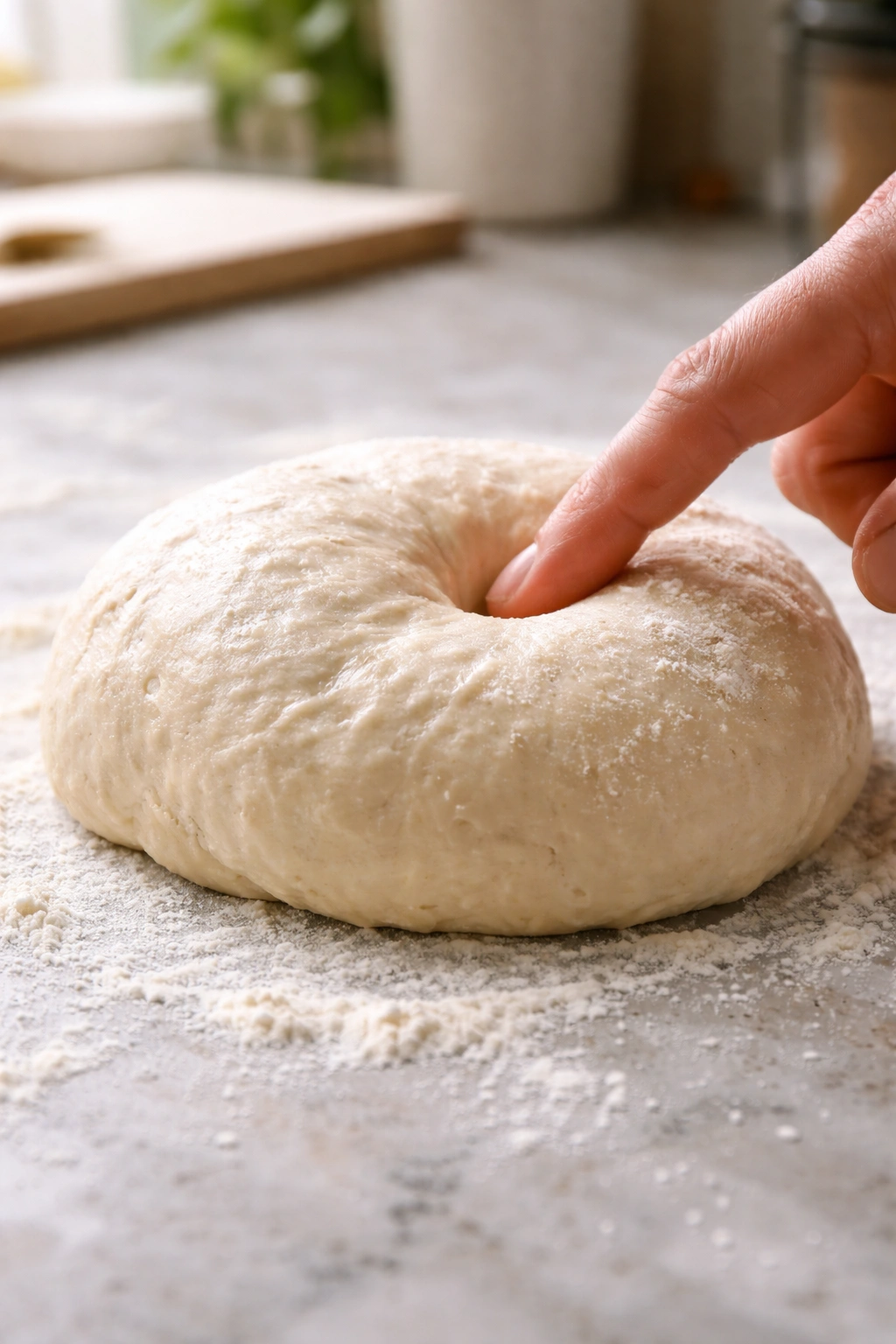 Dough with a gentle finger indentation on a flour-dusted surface, indicating dough problems