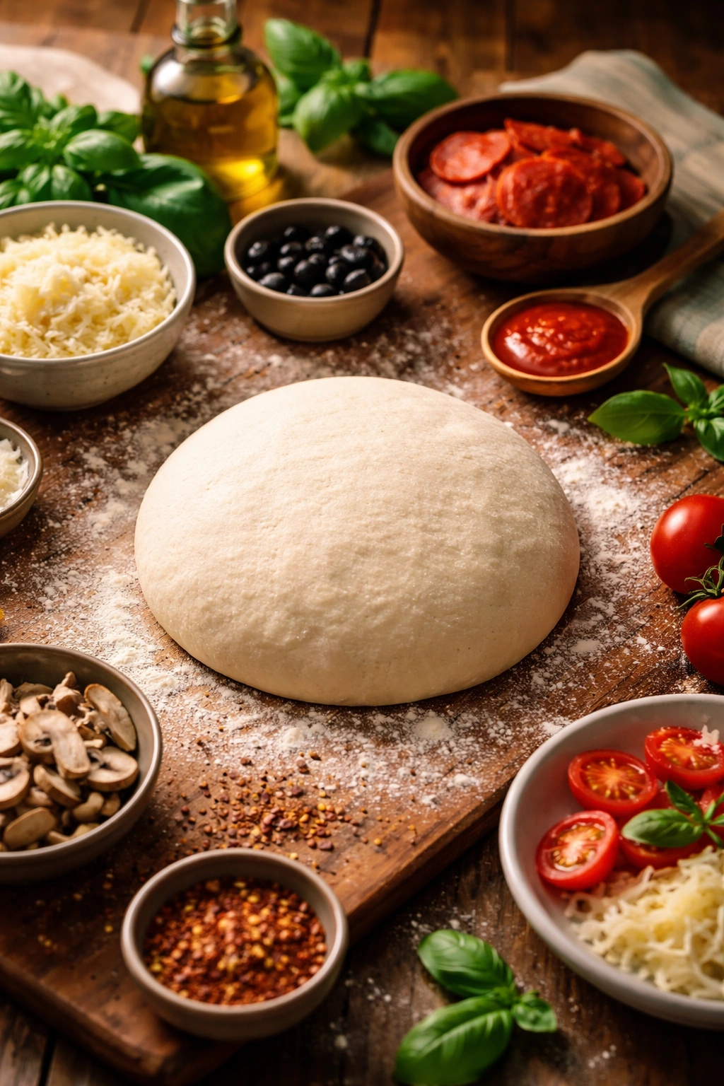 Pizza dough ball with toppings hints on flour-dusted wood